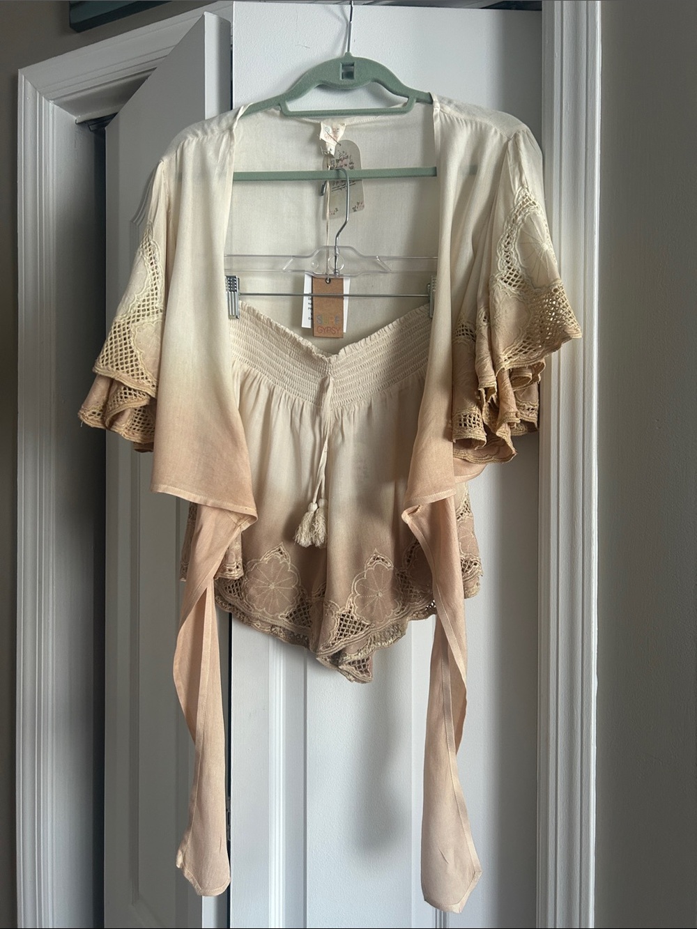 Surf Gypsy Cream to Tan Ombre Crochet-Trim Tie Front Tunic Shorts Set